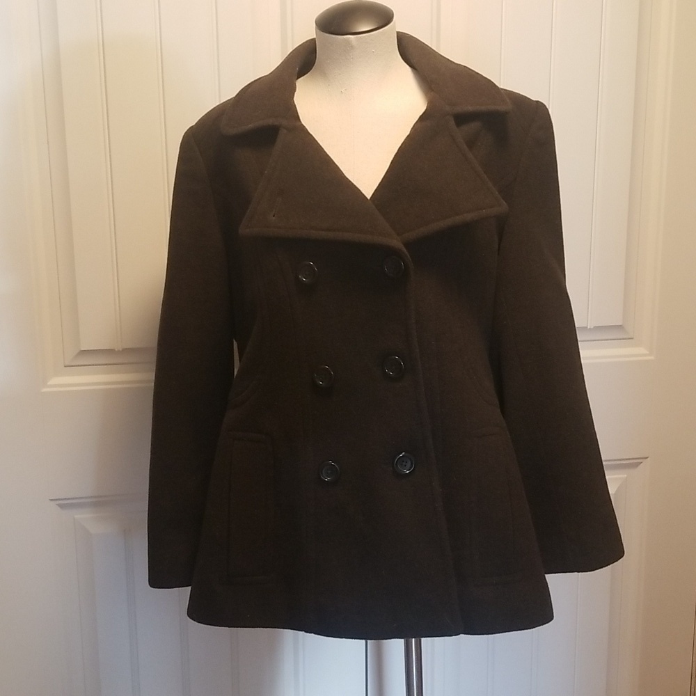 Croft and Barrow Wool Blend Pea Coat Dark Gray Green Womens Size Large WoolBlend